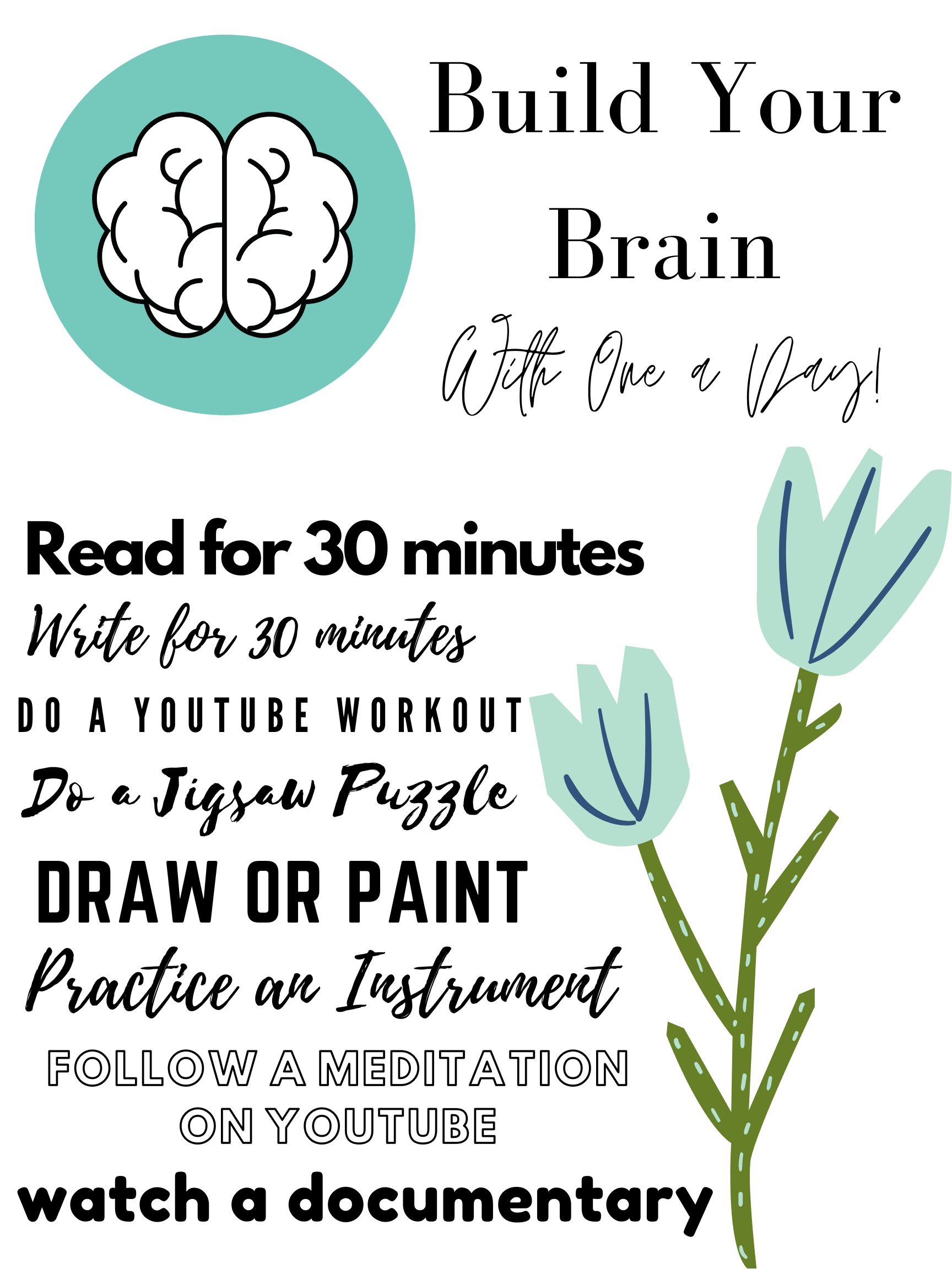 White brain with black outline with a blue circle surrounding it, Blue tulips with green stems